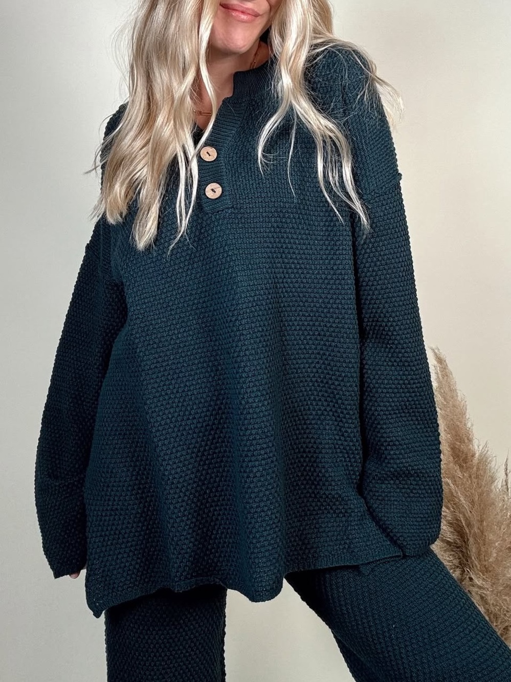 BUCKETLIST Cozy Textured Knit Henley Top and pants SWEATER SET NEW! Dark Teal